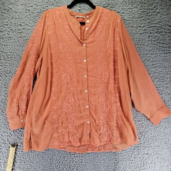 Soft Surroundings Top Womens 1X Orange Embroidered Button Down Boho Blouse - Picture 1 of 9